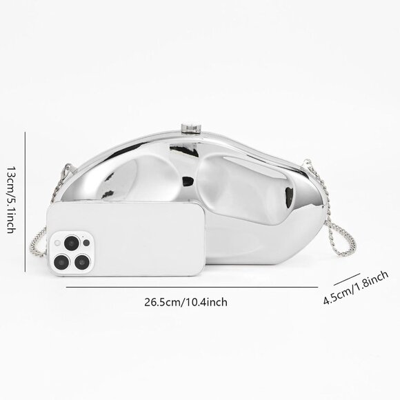 Silver acrylic clutch purse with sculptural design, magnetic closure, gold chain - Picture 2 of 6